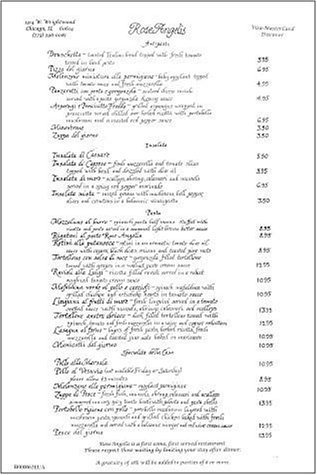 A page from the menu of the Rose Angelis restaurant in Chicago