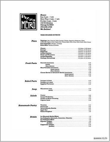 A page from the menu of the Pizza Metro restaurant in Chicago