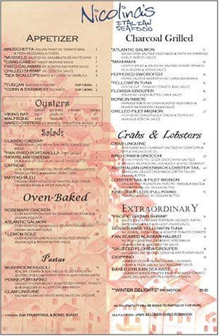 A page from the menu of the Nicolina's Seafood restaurant in Chicago