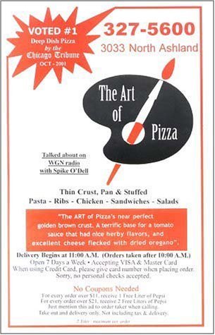 A page from the menu of the Art of Pizza restaurant in Chicago
