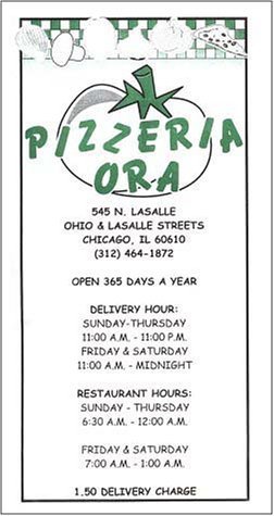 A page from the menu of the Pizzeria Ora restaurant in Chicago