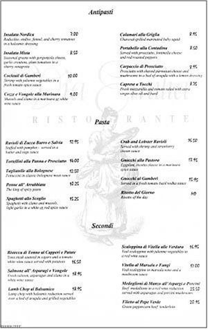 A page from the menu of the Via Emilia Ristorante restaurant in Chicago