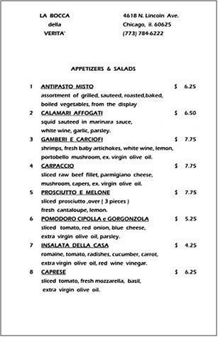 A page from the menu of the La Bocca della Verita restaurant in Chicago