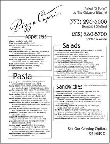 A page from the menu of the Pizza Capri restaurant in Chicago