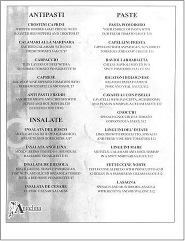A page from the menu of the Angelina Ristorante restaurant in Chicago