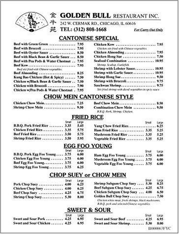 A page from the menu of the Golden Bull restaurant in Chicago