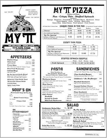 A page from the menu of the My Pi Pizza restaurant in Chicago