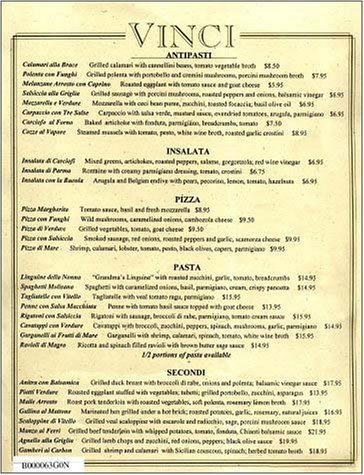 A page from the menu of the Vinci restaurant in Chicago