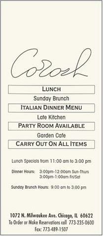 A page from the menu of the Corosh restaurant in Chicago