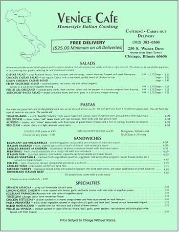 A page from the menu of the Venice Cafe restaurant in Chicago