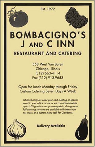 A page from the menu of the Bombacigno's restaurant in Chicago