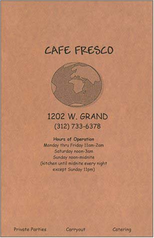 A page from the menu of the Cafe Fresco restaurant in Chicago