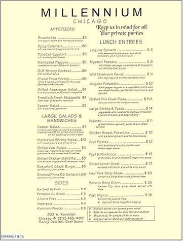A page from the menu of the Millennium restaurant in Chicago