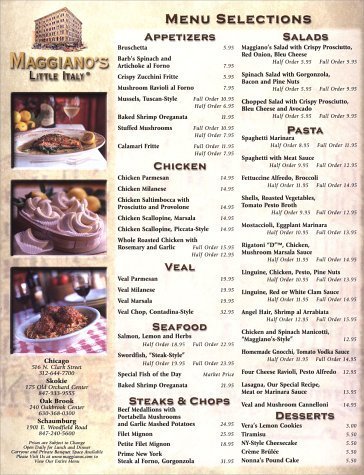 A page from the menu of the Maggiano's Little Italy restaurant in Chicago