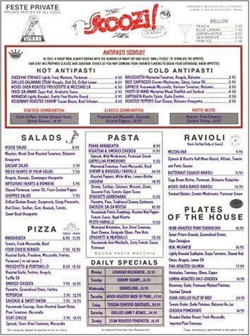 A page from the menu of the Scoozi! restaurant in Chicago