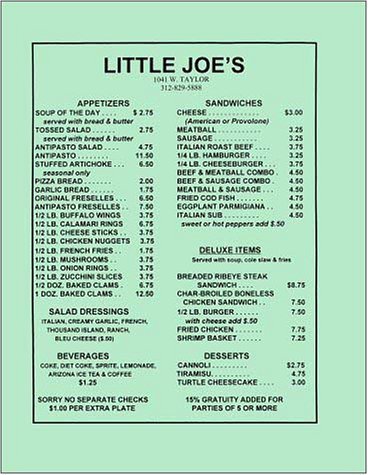 A page from the menu of the Little Joe's restaurant in Chicago